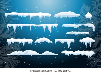 Conjunto de capas de nieve aisladas. Elementos nevados en el fondo invernal. Plantilla vectorial en estilo de dibujos animados para su diseño. Nevada y copos de nieve en movimiento