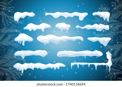 Conjunto de capas de nieve aisladas. Elementos nevados en el fondo invernal. Plantilla vectorial en estilo de dibujos animados para su diseño. Nevada y copos de nieve en movimiento