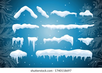 Conjunto de capas de nieve aisladas. Elementos nevados en el fondo invernal. Plantilla vectorial en estilo de dibujos animados para su diseño. Nevada y copos de nieve en movimiento