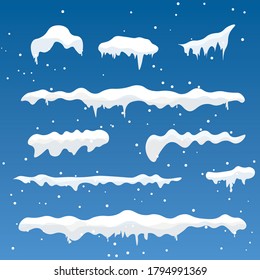 Set of Isolated snow cap. Snowy elements on winter background. Snowfall and snowflakes in motion. Illustration.