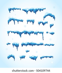 Set of Isolated snow cap. Snowy elements on winter background. Vector template in cartoon style for your design. Snowfall and snowflakes in motion