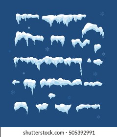 Set of Isolated snow cap. Snowy elements on winter background. Vertical vector template in cartoon style for your design. Snowfall and snowflakes in motion