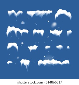 Set of Isolated snow cap. Snowy elements on winter background. Vector template in naturalistic style for your design. Snowfall and snowflakes in motion