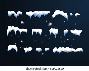 Set of Isolated snow cap. Snowy elements on winter background. Vector template in naturalistic style for your design. Snowfall and snowflakes in motion