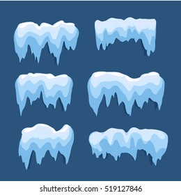 Set of Isolated snow cap. Snowy elements on winter background. Vector template in cartoon style for your design. Snowfall and snowflakes in motion