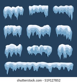 Set of Isolated snow cap. Snowy elements on winter background. Vector template in cartoon style for your design. Snowfall and snowflakes in motion