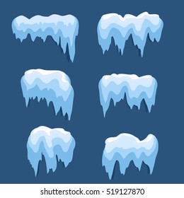Set of Isolated snow cap. Snowy elements on winter background. Vector template in cartoon style for your design. Snowfall and snowflakes in motion