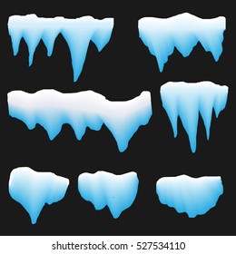 Set of Isolated snow cap. Snowy elements on black background. Vector template in cartoon style for your design. Snowfall and snowflakes in motion