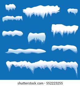 Set of Isolated snow cap. Snowy elements on winter background. Vertical vector template in cartoon style for your design. Snowfall and snowflakes in motion