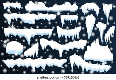 Set of Isolated snow cap. Snowy elements on winter background.Snowfall and snowflakes in motion