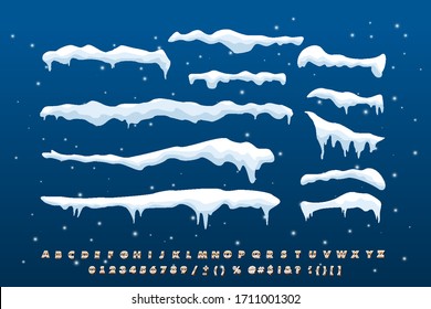 A set of isolated snow caps. Snow elements on a winter background. Vector template in cartoon style for your design. Christmas, snow texture, white elements, festive vector snow with winter alphabet.