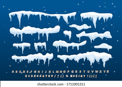 A set of isolated snow caps. Snow elements on a winter background. Vector template in cartoon style for your design. Christmas, snow texture, white elements, festive vector snow with winter alphabet.