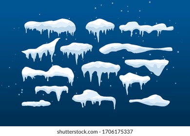 A set of isolated snow caps. Ice or snow blue vector caps frames. Frost cold snow hats Christmas decoration. Ice illustration design .