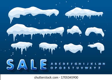 Set of isolated snow cover. Snow elements on a winter background. Vector template in cartoon style for your design. Winter alphabet. Vector.