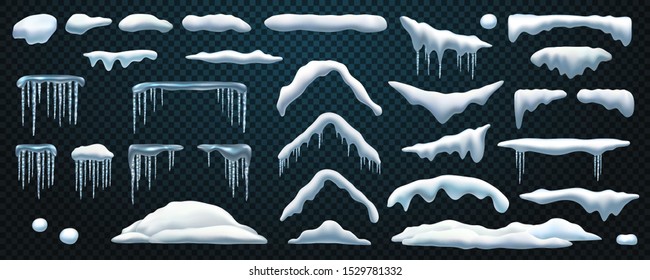 Set of isolated snowdrift and icicle, snow cap and snowball, snowflake decoration or ice template, frost shape and snowfall object, snowbank. Winter season background. Cold new year, christmas