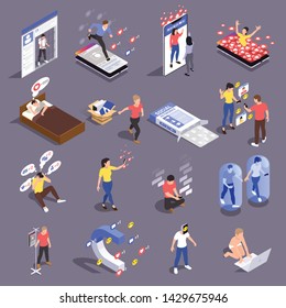 Set of isolated social network addiction isometric icons with conceptual images of people addicted to social media vector illustration