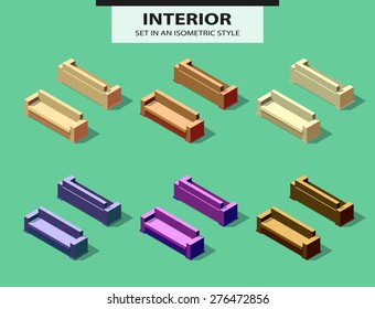 Set of the isolated sofas with a shadow in isometric style. Vector illustration
