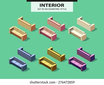 Set of the isolated sofas with a shadow in isometric style. Vector illustration
