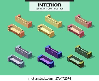 Set of the isolated sofas with a shadow in isometric style. Vector illustration