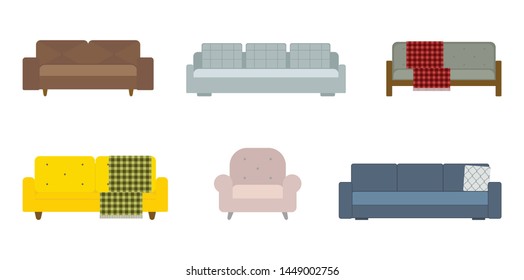 Set of isolated sofas. Upholstered furniture for living room, flat illustration