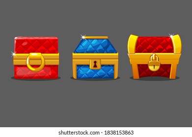 A set of isolated soft chests of different shapes. Colored gold vector chests with locks.