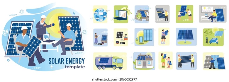 Set of isolated solar energy flat compositions with characters of installation workers icons of electric panels vector illustration