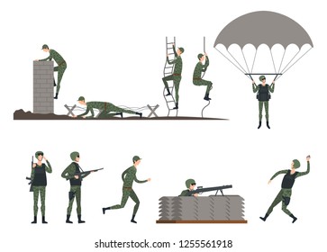 Set Of Isolated Soldiers At Training. Man In Camouflage Crawling And Holding Gun, Army Marine Climbing Rope Ladder And Wall, Using Parachute And Throwing Grenade, Jogging. War Exercise And Military