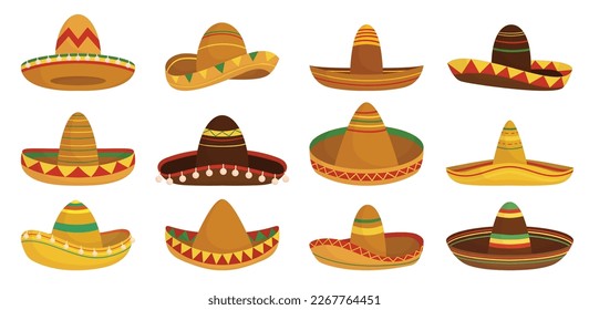 Conjunto de Sombrero Aislado, Sombrero Tradicional Mexicano Con Brillo Amplio, Diseño De Colores Brillantes Y Banda Ancha Tejida. Disfraz Cultural, Tradicional, Mexicano Y Suroeste. Ilustración del vector de dibujos animados