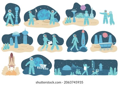 Set of isolated space colonization compositions with flat images of spacecrafts extraterrestrial terrain and astronaut characters vector illustration