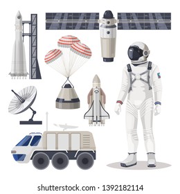 Set Of Isolated Space Exploration Or Cosmos Expedition Item. Spaceship, Astronaut, Spacesuit, Spaceman, Spacecraft, Starship, Capsule With Parachutes, Rocket Station, Mars Rover, Satellite, Antenna