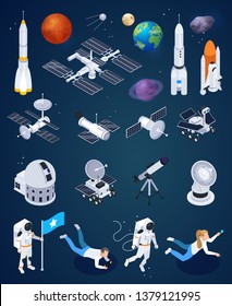 Set of isolated space exploration images with realistic rockets artificial satellites and planets with human characters vector illustration