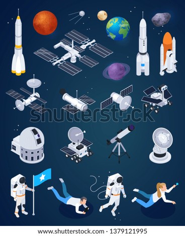 Set of isolated space exploration images with realistic rockets artificial satellites and planets with human characters vector illustration