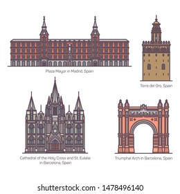 Set of isolated Spanish or Spain landmark buildings. Plaza Mayor or Main square of Madrid, Torre del Oro or watchtower, cathedral of Holy Cross, Saint Eulalia of Barcelona,Triumphal Arch of Barcelona