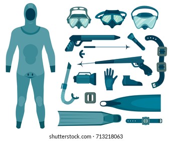 Set of isolated spearfishing equipment. Vector illustration. Underwater hunter.