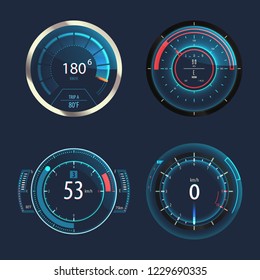 Set of isolated speedometers for speed measure or odometer with arrows. Odograph gauge for automobile, truck or car panel. Modern and futuristic download speed circle for internet connection