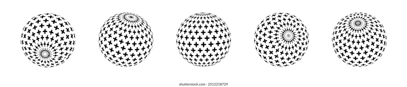 Conjunto de esferas aisladas con patrón negro con diferentes pendientes. Bolas de semitono con cruces, forma abstracta en 3D, bolas de Vector esféricas.