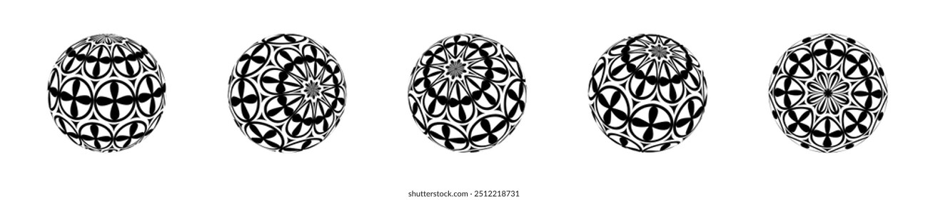 Set of isolated spheres with black pattern with different tilt. Volumetric balls, abstract 3D shape, spherical vector balls.