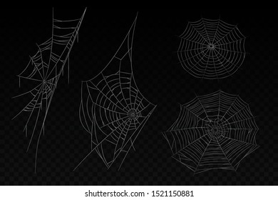 Set of isolated spider web. Halloween background with corner cobweb. White web with lines. Creepy spiderweb tattoo. Insect arachnid network ornament. Gothic and spidery, fear and horror theme
