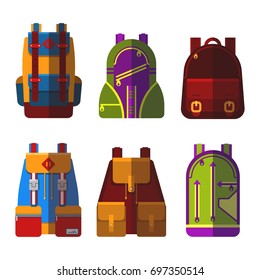 Set of isolated sport or school bag or rucksack, satchel or handbag, backpack or pack. Tourist baggage or travel luggage, student leather equipment with zipper. Journey and fashion theme