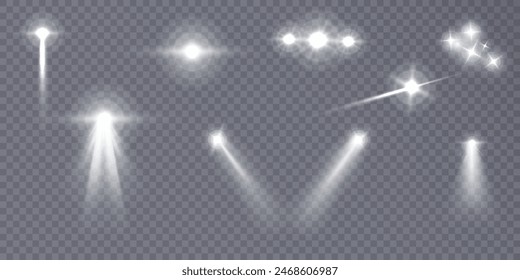Set of isolated spotlight light effects. White glowing spotlight on a transparent background. Vector 10 EPS