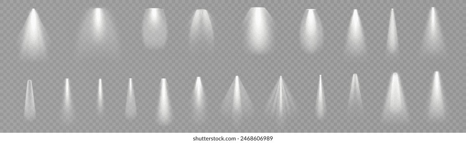 Set of isolated spotlight light effects. White glowing spotlight on a transparent background. Vector 10 EPS