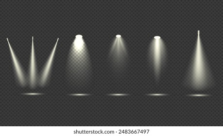 Set of isolated spotlight light effects. White yellow glowing spotlight. Bright lighting with spotlights.