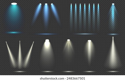 Set of isolated spotlight light effects. Blue and yellow glowing spotlight. Bright lighting with spotlights.