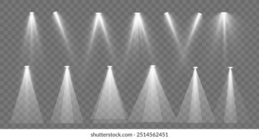 Conjunto de efeitos isolados de luz de spot. Refletor de luz branca em um fundo transparente.