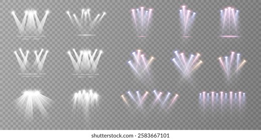 
Set of isolated spotlight light effects. White and multi-colored glowing spotlights. Bright lighting with spotlights.