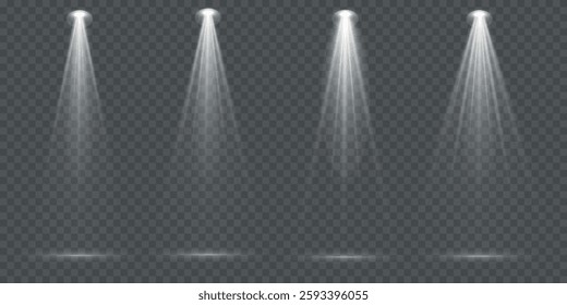 Set of isolated spotlight light effects. White glowing spotlight on a transparent background.