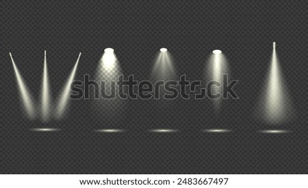 Set of isolated spotlight light effects. White yellow glowing spotlight. Bright lighting with spotlights.