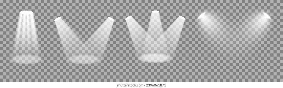Set of isolated spotlights stage light effects. Light from a lamp or spotlight, illuminated scene. Vector realistic illustration.