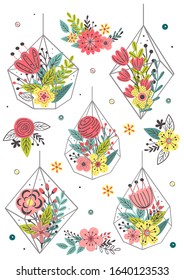 set of isolated spring floral bouquets in terrariums - vector illustration, eps    