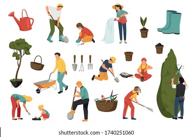 Set with isolated spring gardening flat recolor icons of gardening instruments and human characters of workers vector illustration